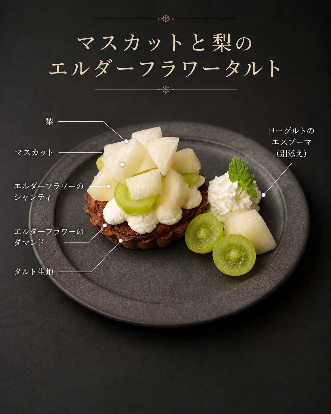 マスカットと梨のエルダーフラワータルト — マスカット、梨、エルダーフラワーのシャンティ、エルダーフラワーのダマンド、ヨーグルトのエスプーマ